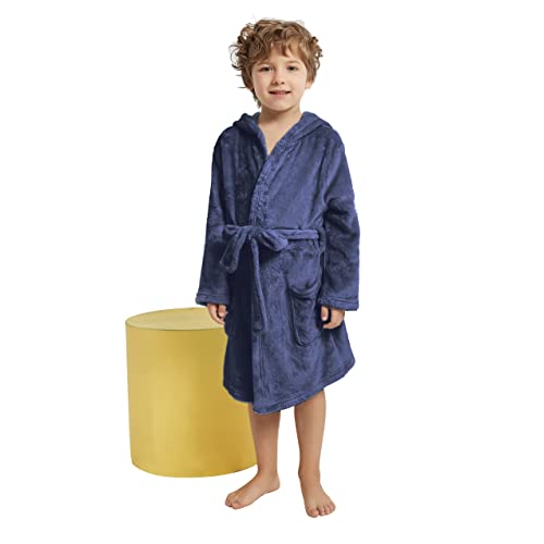 V.&GRIN Boys Fleece Robe, Hooded Toddler Soft Fuzzy Bathrobe for Kids 3-14 Years（Navy 7-8