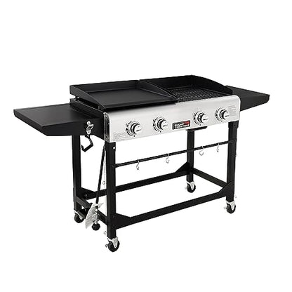 Royal Gourmet GD401 Portable Propane Gas Grill and Griddle Combo with Side Table | 4-Burner, Folding Legs,Versatile, Outdoor | Black 66 Inch