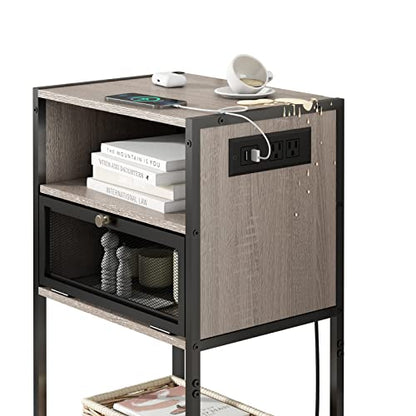 SOOWERY Nightstand with Charging Station, End Table with USB Ports and Outlets, Bedside Tables with Storage Space and Door, for Bedroom, Living Room, Greige