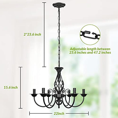 6-Light Farmhouse Candle Chandelier for Living Room, Rustic Industrial Pendant Ceiling Light fixture, Vintage Ceiling Hanging Lamp for Bedroom Hallway Kitchen Dining Room Foyer, Matte Black E12 Socket