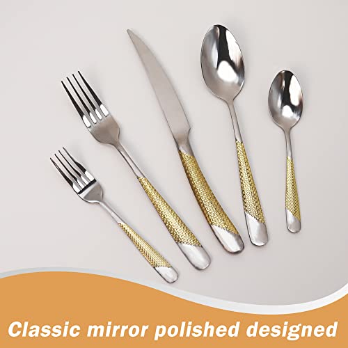 Runfly 20 Piece Hammered Modern Silver Gold Silverware Set, 18/10 Stainless Steel Flatware Set, Golden Kitchen Utensil Set Service for 4, Tableware Set, Cutlery Set Including Fork Spoon and Knife