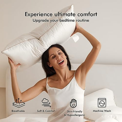 Royoliving Premium Feather Down Bed Pillows for Sleeping Standard Size Pack of 2-100% Cotton Fabric, Medium Firm, Soft Support Surround (White, Standard)