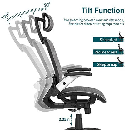 GABRYLLY Ergonomic Mesh Office Chair, High Back Desk Chair - Adjustable Headrest with Flip-Up Arms, Tilt Function, Lumbar Support and PU Wheels, Swivel Computer Task Chair, Grey
