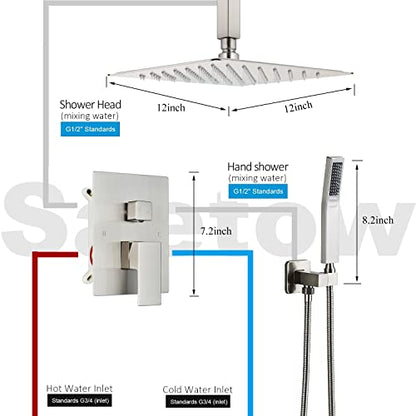 Saetow Brushed Nickel Shower System 12 Inch Shower Head with Hand Held Bathroom Luxury Rain Mixer Shower Combo Set Ceiling Mount,Shower Faucet Set with Valve and Trim