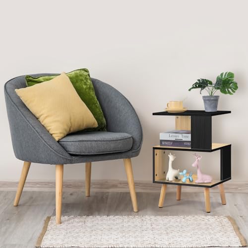 MOOACE Minimalist 3-Tier Wood Side Table for Small Spaces with Open Storage - Small Black End Table for Living Room - Modern Black Nightstand Bedside Table for Bedroom