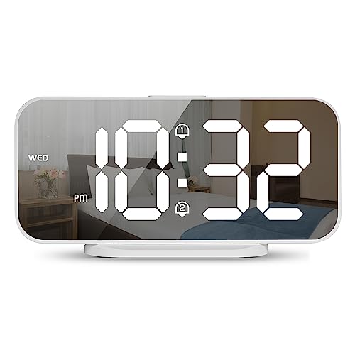 ALANAS Digital Alarm Clock with Dual Alarms, Mirror LED Bedroom Alarm Clocks for Kids, Adjustable Brightness, Snooze, 2 USB Ports for Cellphone Charging, 12/24 Hour Display., White