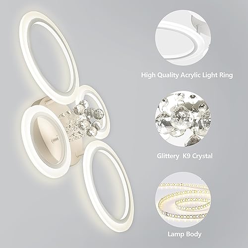 Modern Flush Mount Ceiling Light Fixture 4 Rings Crystal Chandeliers LED Ceiling Lights Dimmable Kitchen Light Fixtures White Bedroom Ceiling Lights for Living Room Hallway Entrance Office 25.8 Inch