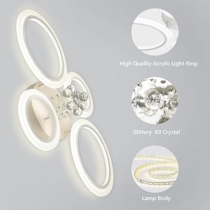 Modern Flush Mount Ceiling Light Fixture 4 Rings Crystal Chandeliers LED Ceiling Lights Dimmable Kitchen Light Fixtures White Bedroom Ceiling Lights for Living Room Hallway Entrance Office 25.8 Inch
