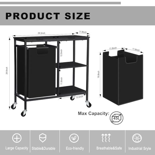 melos Laundry Hamper, Laundry Sorter with Three Shelf, Pull-Out Laundry Basket with Shelf, Laundry Basket Organizer Section with Removable Laundry Bags for Clothes, for Laundry Room,Black