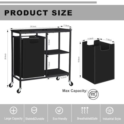 melos Laundry Hamper, Laundry Sorter with Three Shelf, Pull-Out Laundry Basket with Shelf, Laundry Basket Organizer Section with Removable Laundry Bags for Clothes, for Laundry Room,Black