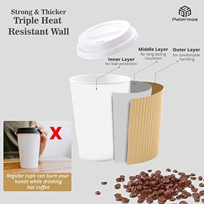 UPDATE: ALIVE AGAIN! PALERMOS [12 oz-100 Pack Disposable Coffee Cups with Lids 12 Oz- To Go Coffee Paper Cups with Lids & Stirrers - Hot/Cold Paper Coffee Cups for Drinks, Tea, Coffee -Hot Cups for Shops, Cafes, Home