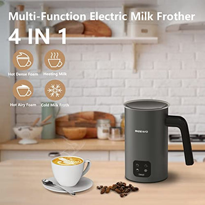 Frother for Coffee, Milk Frother, 4 IN 1 Automatic Warm and Cold Milk Foamer, BIZEWO Stainless Steel Milk Steamer for Latte, Cappuccinos, Macchiato, Hot Chocolate Milk with LED Touch Screen Panel