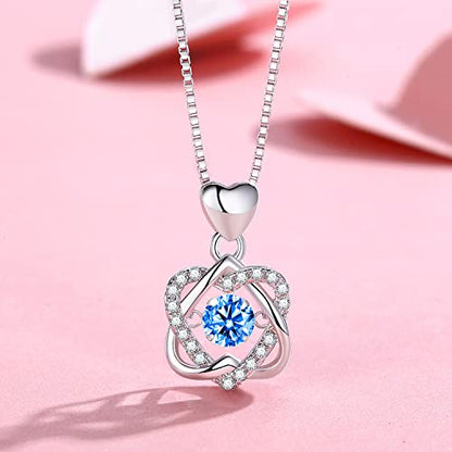 Sparkling Dancing Diamond Necklace - Dainty 925 Sterling Silver Pendant with Cubic Zirconia Birthstones for Women and Girls - Ideal Gift for Valentine's Day, Christmas (HeartBlue)