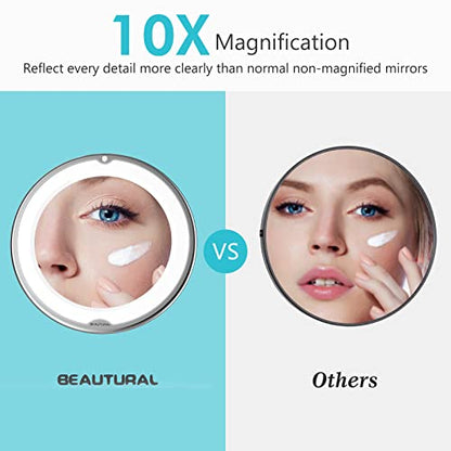 BEAUTURAL Updated 10x Magnifying Makeup Mirror with Powerful Locking Suction Cup, Lighted Vanity Mirror Bathroom Mirror with LED Lights, Portable Wall Mounted Mirror for Home, Travel