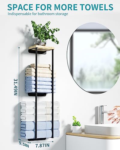 Towel Racks for Bathroom, 2 Tier Wall Towel Holder with Wood Shelf, Metal Wall Towel Rack Mounted Towel Storage for Small Bathroom