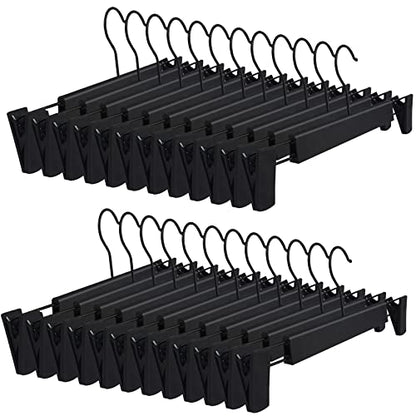 DEDU Pants Hangers with Clips Black 24 Pack, Skirt Hangers for Women Plastic Adjustable, Short Hangers for Closet Non Slip 360 ° Swivel Hooks