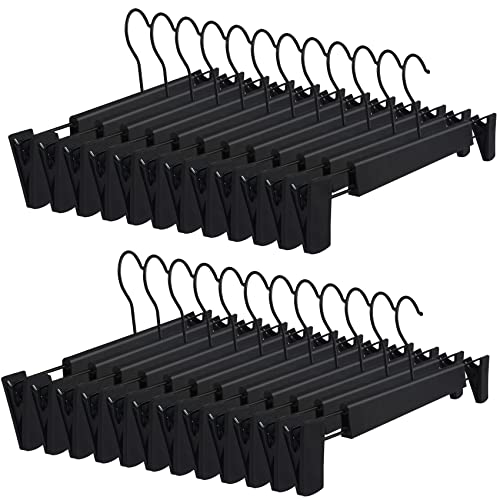 DEDU Pants Hangers with Clips Black 24 Pack, Skirt Hangers for Women Plastic Adjustable, Short Hangers for Closet Non Slip 360 ° Swivel Hooks