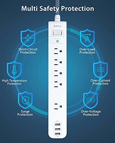 2 Pack Power Strip Surge Protector - 5 Widely Spaced Outlets 3 USB Charging Ports, 1875W/15A with 5Ft Braided Extension Cord, Flat Plug, Overload Surge Protection, Wall Mount for Home Office,White
