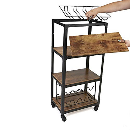 Mind Reader Bar Cart, Wine Rack, Kitchen Storage, Rolling, Utility Cart, Storage, Wood, Metal, 17.85"L x 12"W x 39"H, Brown
