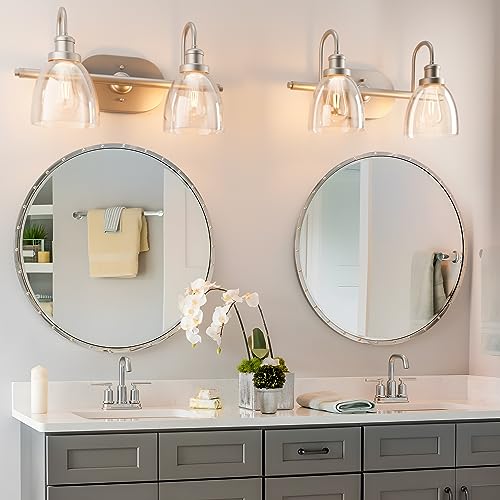 NeuType 2-Light Bathroom Light Fixtures, Brushed Nickel Vanity Light, Bathroom Light Fixtures Over Mirror, Vanity Lights for Bathroom with Clear Glass Shade