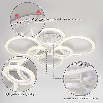 OUQI LED Ceiling Light 72W LED Ceiling Lamp 6400LM White 6 Rings Lighting Fixture for Living Room,Bedroom,Dining Room,Dimmable Remote Control,3 Color