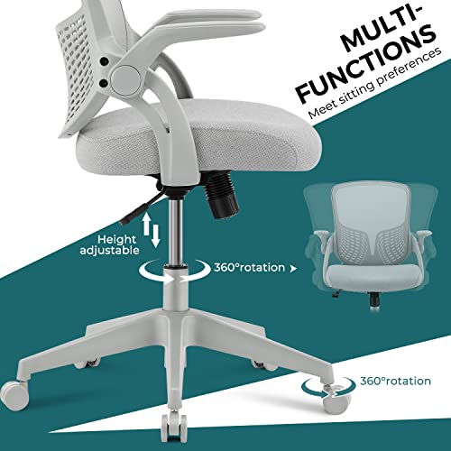 SMUG Home Office Ergonomic Desk Mesh Computer Modern Height Adjustable Swivel Chair with Lumbar Support/Flip-up Arms, Grey, 17" D x 19.5" W x 36" H