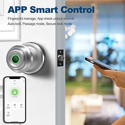 GeekTale Smart Door knob, Fingerprint Door Lock Smart Lock Biometric Door Lock Fingerprint Door knob with App Control, Great for Bedrooms,Cloakroom,Apartments Offices,Hotels, Satin Nickel