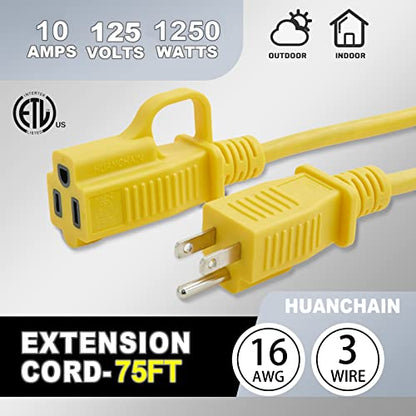 Outdoor Extension Cord 75 Foot Waterproof, 16/3 Gauge Flexible Cold-Resistant Appliance Extension Cord Outside, 10A 1250W 16AWG SJTW, 3 Prong Heavy Duty Electric Cord Yellow, ETL HUANCHAIN