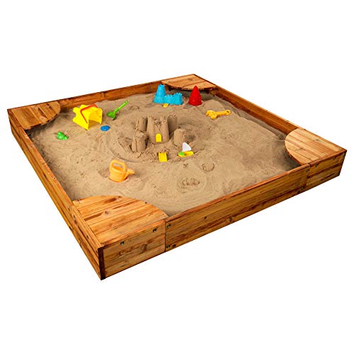 KidKraft Wooden Backyard Sandbox with Built-in Corner Seating and Mesh Cover, Kid's Outdoor Furniture, Honey, Gift for Ages 2-8
