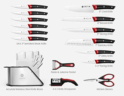 ASETY Knife Sets for Kitchen with Block- NSF Food-Safe, Full Tang German Stainless Steel 17 PCS Chef Knife Set with 4-in-1 Knife Sharpener and 2x Peeler- Ergonomic Handle, Christmas Gifts