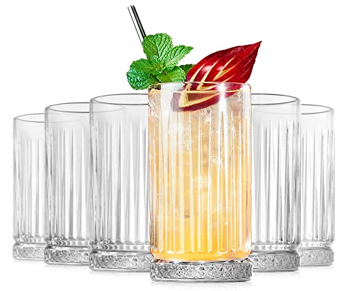 LUXU Highball Glasses 14 fl.oz,Set of 6, Lead-free Drinking Glasses with Heavy Base,Premium Collins Tumblers for Water/Juice/Cocktails/Beverages,Beautiful Striped Look Glassware,Dishwasher Safe