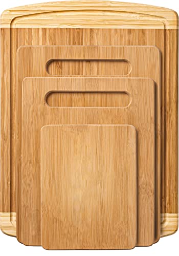 Bamboo Cutting Board Set of 4 - Kitchen Chopping Boards with Juice Groove for Meat, Cheese and Vegetables - Large Natural Wood Butcher Block, Cheese Board & Charcuterie Board