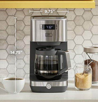 GE Drip Coffee Maker With Timer | 12-Cup Glass Carafe Coffee Pot With Warming Plate | Adjustable Brew Strength | Wide Shower Head for Maximum Flavor | Kitchen Essentials | Stainless Steel