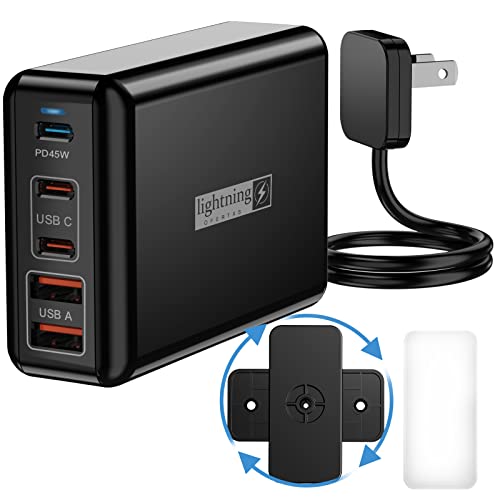 USB C Charger Fast Charging 100W, 5 Ports Charging Blocks Ultra Thin Flat Plug, USB Charging Station with 360° Rotated Adhesive Punch-Free Holder, Charging Hub for Laptops, Tablets, Cellphones Stuff