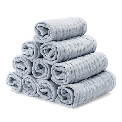 Baby Washcloths, Muslin Cotton Baby Towels, Large 10”x10” Wash Cloths Soft on Sensitive Skin, Absorbent for Boys & Girls, Newborn Baby & Toddlers Essentials Shower Registry Gift (Slate, Pack of 10)