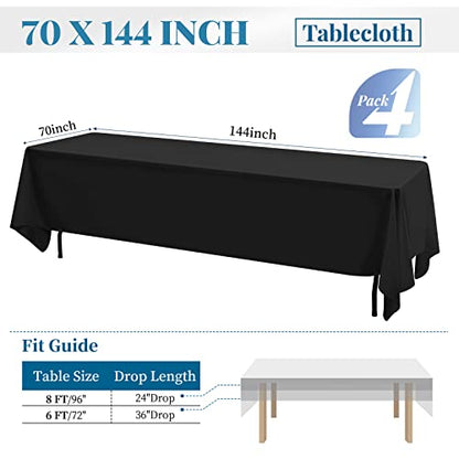4 Pack 70 x 144 Inch Tablecloth, Black Polyester Tablecloth for 6 Ft Rectangle Tables,Stain and Wrinkle Resistant Washable Fabric Table Cloth for Wedding Party Dining Buffet Parties and Camping