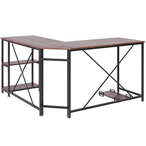 VEVOR Corner 3 Work Gaming Desk with Storage Shelves & CPU Stand, 54 inch, Rustic Brown