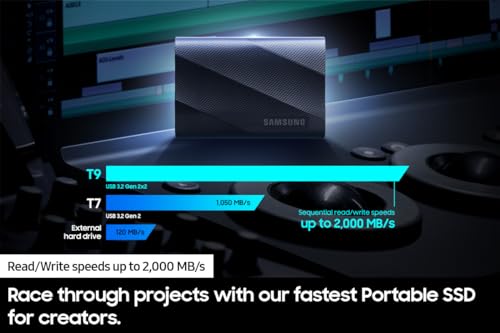 SAMSUNG T9 Portable SSD 4TB, USB 3.2 Gen 2x2 External Solid State Drive, Seq. Read Speeds Up to 2,000MB/s for Gaming, Students and Professionals,MU-PG4T0B/AM, Black