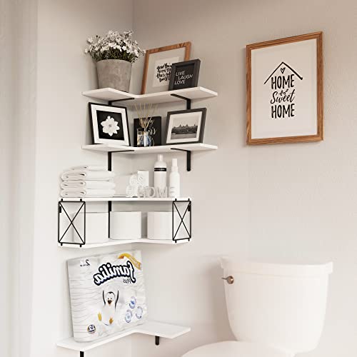 RICHER HOUSE 5-Tier Corner Floating Shelves Set of 5,White Corner Shelves for Wall Storage, L-Shaped Corner Wall Mounted Shelf for Bedroom, Living Room, Bathroom, Kitchen - White
