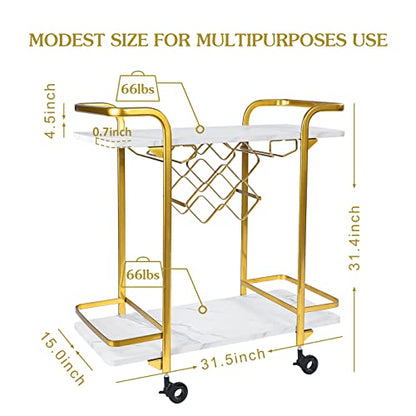 Jubao Deluxe Gold Bar Cart, 2-Tier Premium Texture Bar Cart for Kitchen and Dining Room Outdoor, with Glass Holders and 5 Wine Racks, Modern Marbled Solid Wood Cart on Silent Wheels