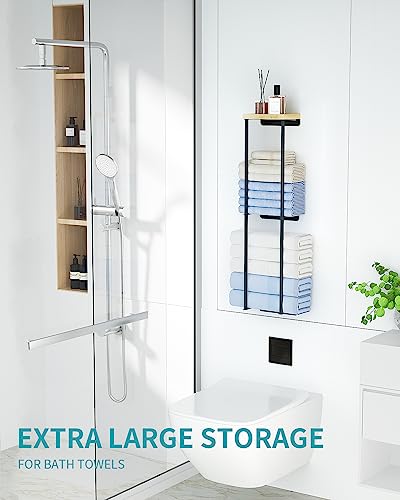Towel Racks for Bathroom, 2 Tier Wall Towel Holder with Wood Shelf, Metal Wall Towel Rack Mounted Towel Storage for Small Bathroom