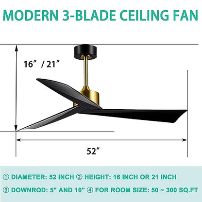 ANFERSONLIGHT 52-Inch Indoor Ceiling Fan with Remote Control, 3-Blades, Reversible Silent DC Motor - Black Finish for Bedroom, Living Room and Dining Room Fan/Light