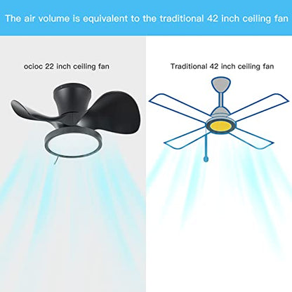 ocioc Quiet Ceiling Fan with LED Light 22 inch Large Air Volume Remote Control for Kitchen Bedroom Dining room Patio