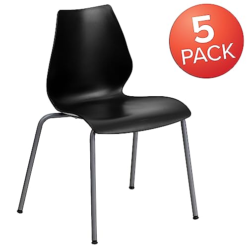 Flash Furniture 5 Pack HERCULES Series 770 lb. Capacity Black Stack Chair with Lumbar Support and Silver Frame