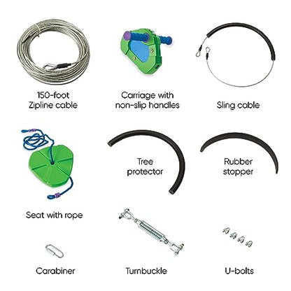 HearthSong 100-Foot Green Galvanized Steel Backyard Zipline Kit, Adjustable/Removable Seat, Rubber Brake for Safety, Non-Slip Handles, Fully Enclosed Carriage, 250 lbs., Ages 8 and Up