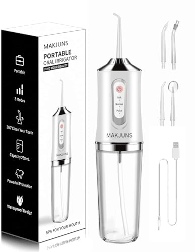 Water-Flosser-Cordless-Teeth-Cleaner MAKJUNS Water Dental Flosser with 3 Modes 4 Jets Rechargeable IPX7 Waterproof Dental Oral Irrigator for Travel Home Braces(Luxury White)