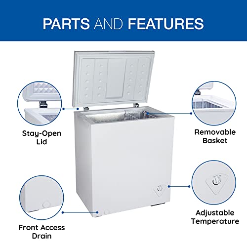 Koolatron Compact Chest Freezer, 5.0 cu ft (155L), White, Manual Defrost Deep Freeze, Storage Basket, Space-Saving Flat Back, Stay-Open Lid, Front-Access Defrost Drain, for Apartment, Condo, Cottage