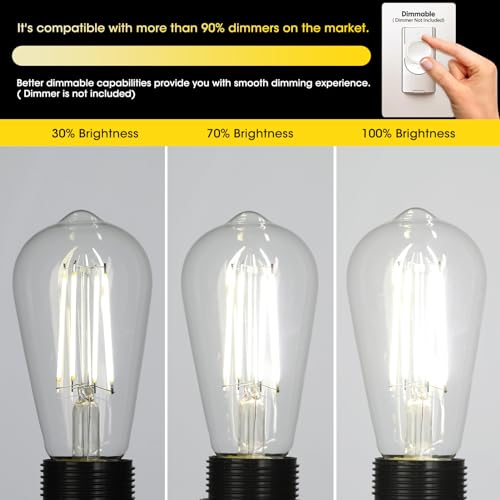 Gozelux Vintage LED Edison Bulbs, 6W, Equivalent 60W, High Brightness Daylight 5000K, ST58 Antique LED Filament Bulbs with 90+ CRI, E26 Medium Base, Dimmable, Clear Glass, Pack of 6