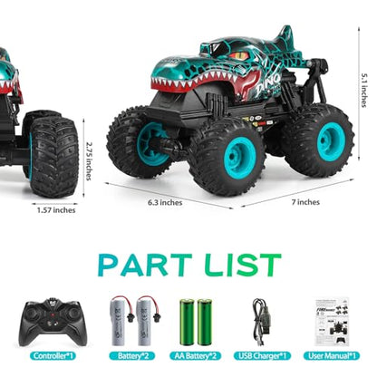 DYODYORC RC Monster Truck, 2.4Ghz High Speed Remote Control Car, All Terrain RC Truck with Light&Music&360°Stunt, RC Dinosaur Car with 2 Rechargeable Batteries, Toy Gifts for Boys and Girls (Cyan)