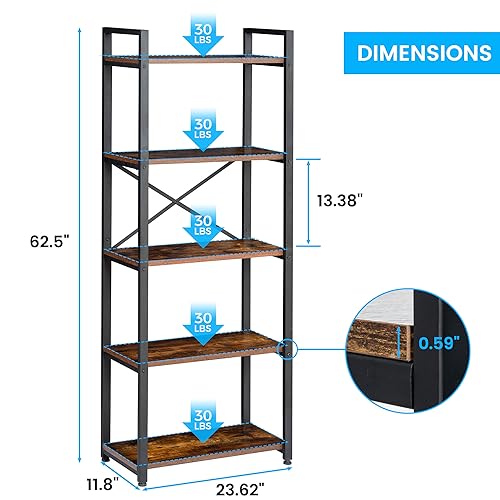 Acovy 5 Tier Bookshelf Rustic Industrial Style, Storage Shelves, Metal Book Shelves Bookcase Book Shelf Display Shelf for Home Office, Living Room, Bedroom, Kitchen (23.6" W, Brown)